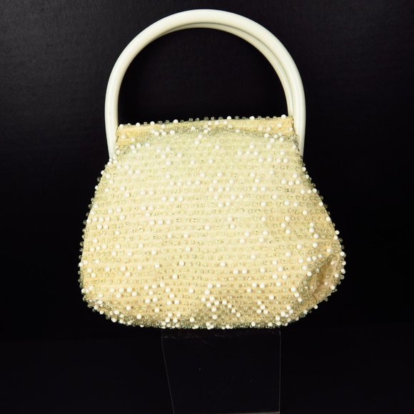 Lumured Corde Bead Evening Bag Ivory Wedding Vtg - Picture 1 of 8